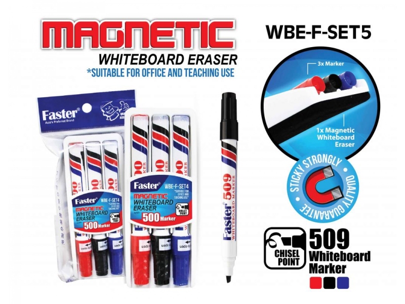 MAGNETIC WHITEBOARD ERASER WITH 3PCS 509 WHITEBOARD MARKERS